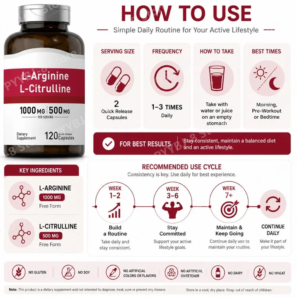 L-Arginine & L-Citrulline Complex (1500mg, 120 Count) – Dual-Action Nitric Oxide for Blood Flow & Physical Energy