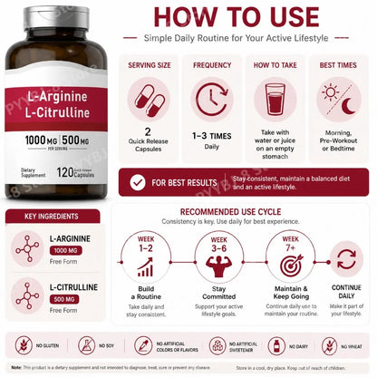 L-Arginine & L-Citrulline Complex (1500mg, 120 Count) – Dual-Action Nitric Oxide for Blood Flow & Physical Energy