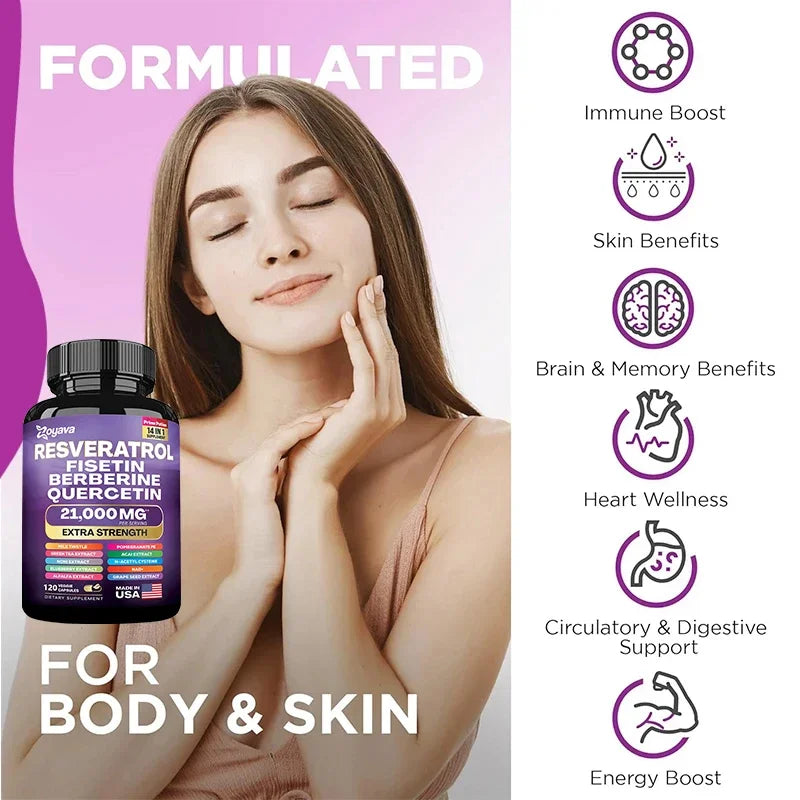 Resveratrol, Fisetin, Berberine & Quercetin Capsules – Senolytic Cellular Health, Metabolism & Immune Antioxidant