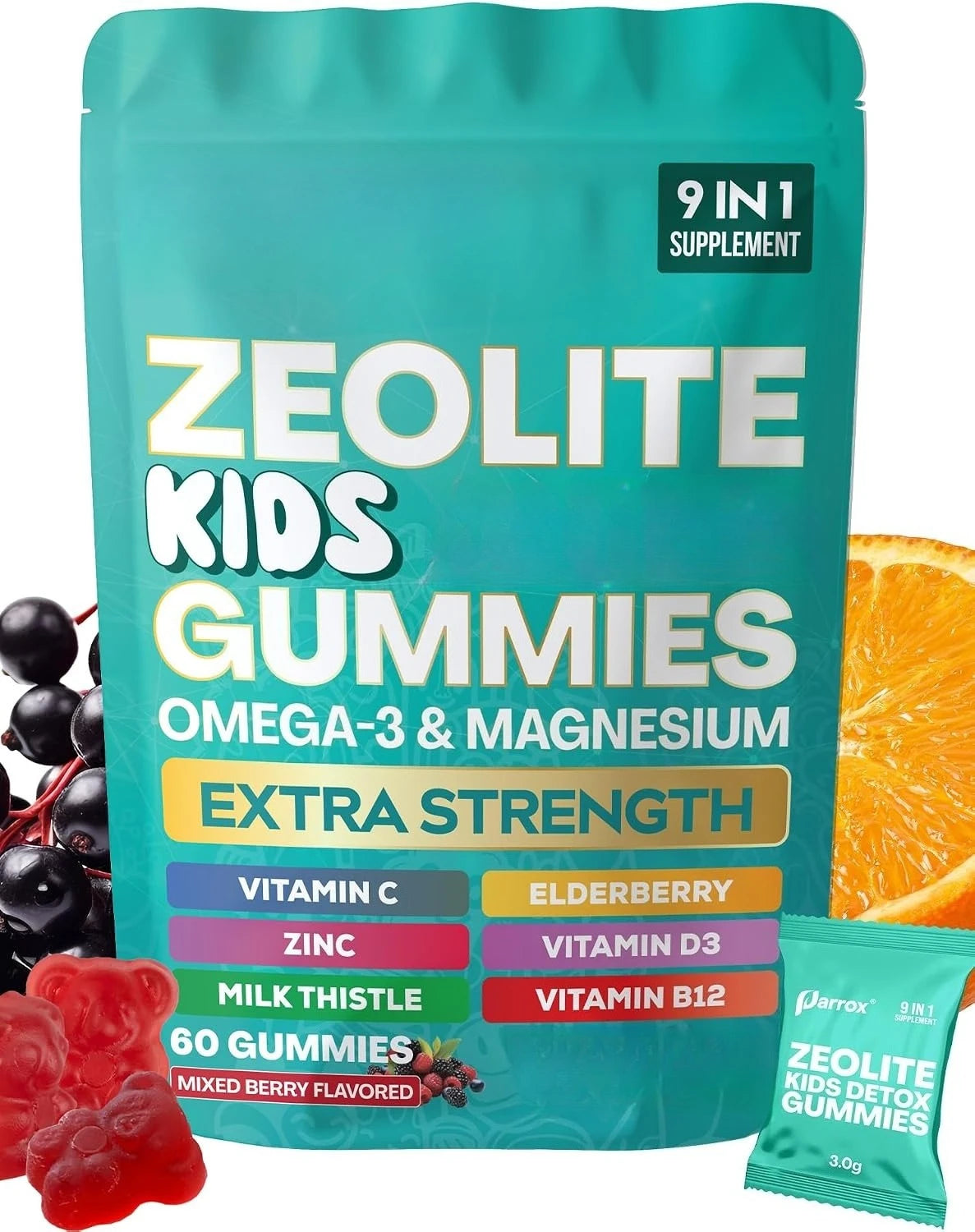 Kids Multivitamin Gummies with Omega 3 Magnesium Zinc Vitamin C D3 B12 Mixed Berry Flavor Daily Wellness Supplement 60 Gummies