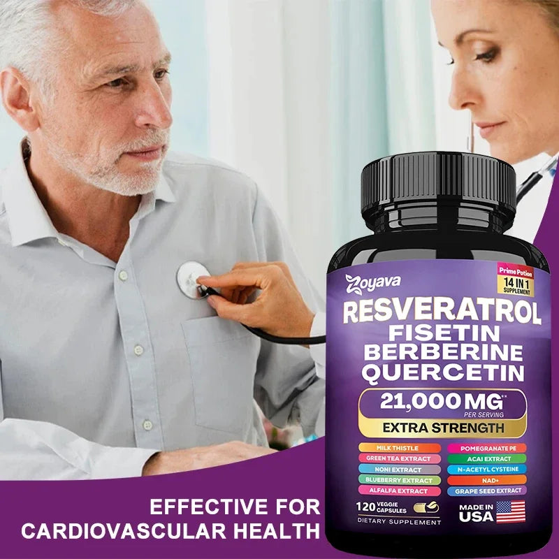 Resveratrol, Fisetin, Berberine & Quercetin Capsules – Senolytic Cellular Health, Metabolism & Immune Antioxidant