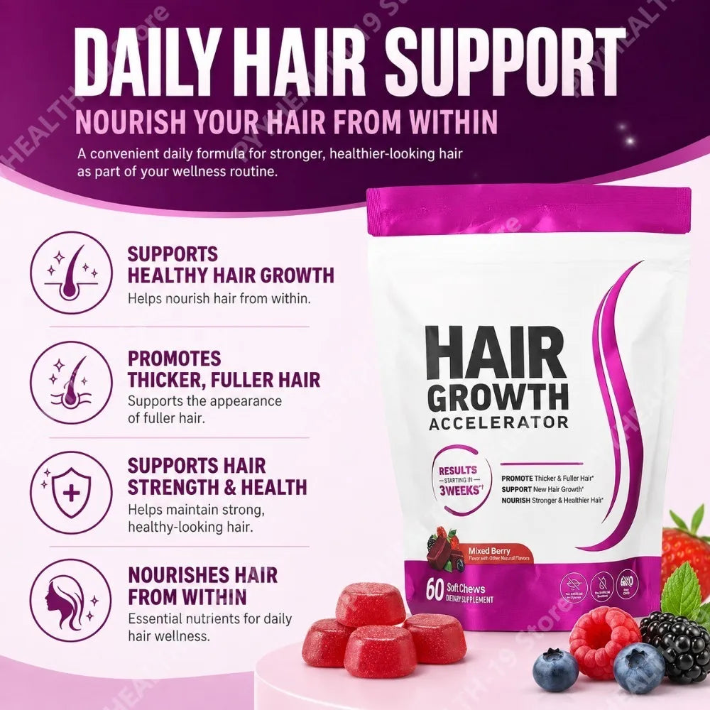 Hair Growth Soft Chews – Vitamin C & E Supplement for Thicker, Fuller & Healthier-Looking Hair – Berry Flavor – 60 Soft Chews
